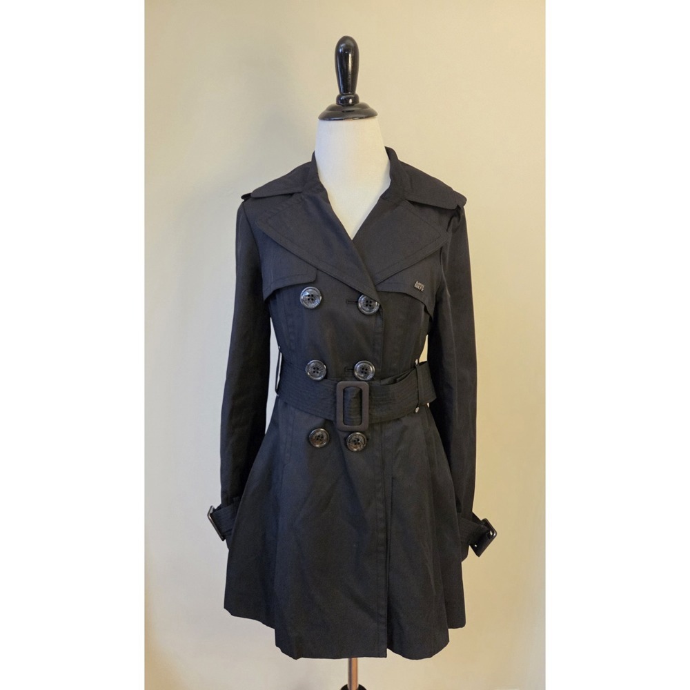 Vtg Miss Sixty Double Breasted Cotton Blend Black Trench Coat Y2K Size S